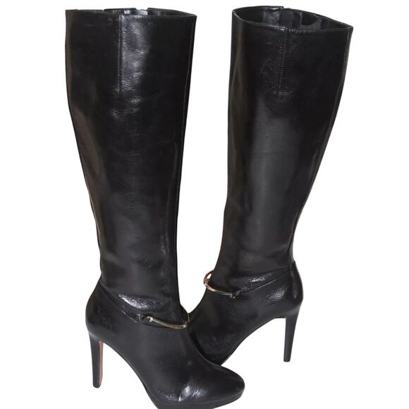 Nine West NW Pearson Black Leather Tall Knee Boots Stiletto Zip Silver Ring  6.5 - Picture 1 of 12